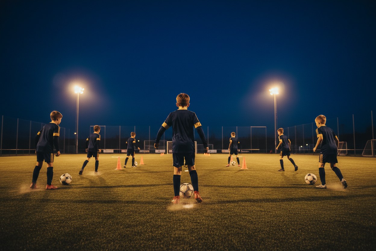 Genç futbolcular antrenman sırasında