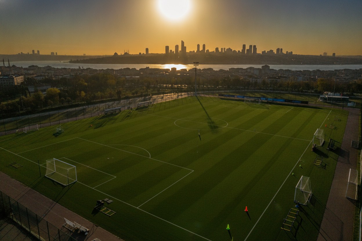 Altın Adım Futbol Akademisi antrenman sahası, İstanbul'da gün batımında yeşil çim saha